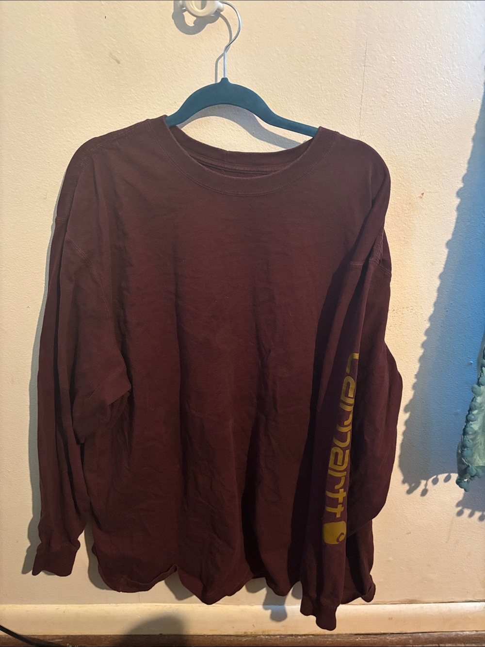 Carhartt Men's Long-Sleeve Crewneck Shirt - Brown with Yellow Sleeve Logo